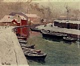 Fritz Thaulow A Snowy Harbor View painting